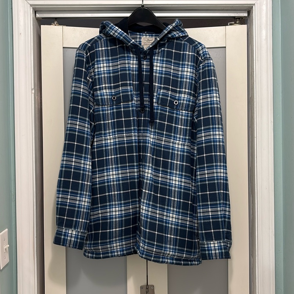 LL Bean fleeced lined flannel hoodie.